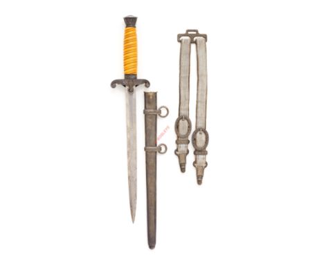 German Third Reich Army Officer's Dagger and straps. A good example with yellow celluloid grip and double edged plain blade. 