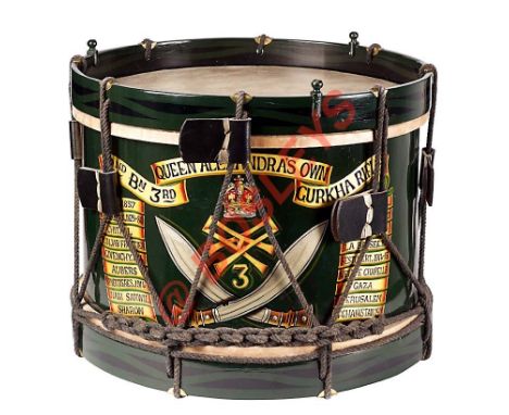 2nd Bn. 3rd Queen Alexandra's Own Gurkha Rifles side drum. A good clean decorative refurbished example. The dark green painte