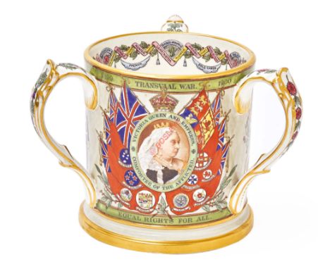 Magnificent Boar War Commemorative Loving Cup by Copeland China. This impressive china loving cup bears colourful transfer pa