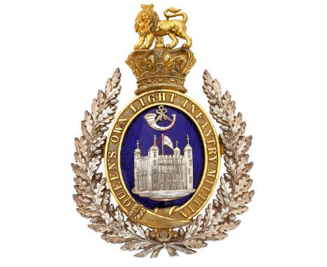 2nd Royal Tower Hamlets Militia Officer's Belltop shako plate circa 1835. A magnificent and rare die-stamped example. Resting
