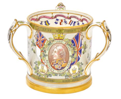 Nelson Centenary Commemorative China. A rare fine and colourful three handled Loving style cup produced by the Copeland Facto