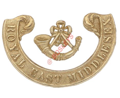 Royal East Middlesex Militia Victorian OR's ‘scroll' pattern forage cap badge circa 1858-74. A good rare die-stamped white me