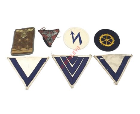 German Third Reich assorted cloth insignia. NSDAP Political Leader's collar patch, blue piped brown velvet bearing two golden