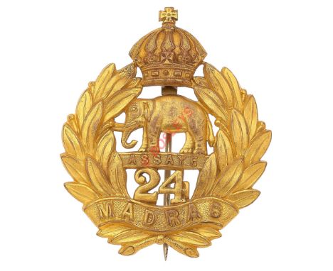 Indian Army. 24th Madras Infantry Victorian pagri badge. A good die-stamped gilded brass British made pre 1903 example. Withi