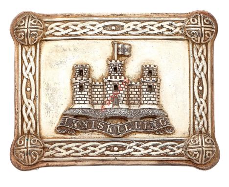 Irish. Royal Inniskilling Fusiliers Piper's post 1934 waist belt plate. A fine scarce silver plated rectangular mounted with 