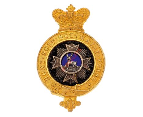 Bedfordshire Regiment, Victorian Officer's glengarry badge circa 1881-97. A fine scarce example. Crowned rich gilt Garter, bl