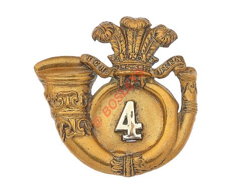 4th Cornwall Rifle Volunteer Corps shako plate circa 1860-72. A  scarce die-stamped brass example. Coiled ornate bugle surmou