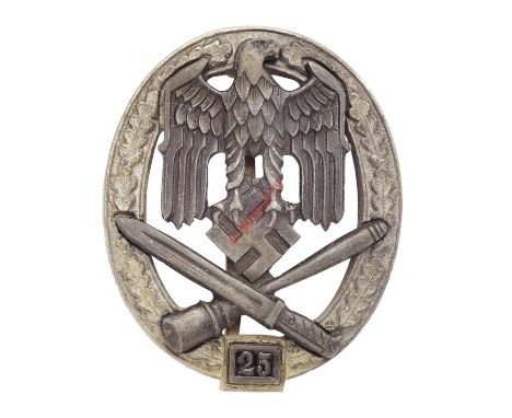 German Third Reich SS / Army WW2 General Assault badge for 25 Engagements.  A fine rare die-cast example. Silvered oval ornam