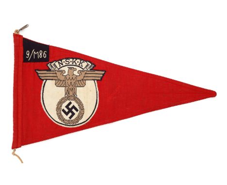 German Third Reich unit marked NSKK car pennant. A good scarce double sided example of red cloth bearing embroidered NSKK eag