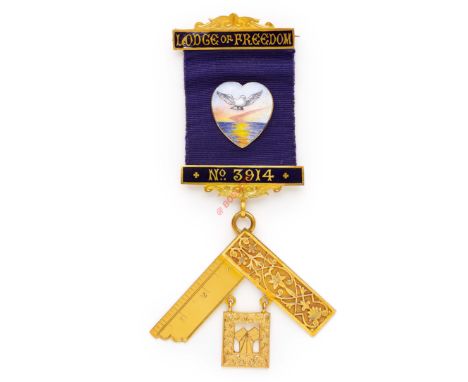 Masonic 18ct Gold Worshipful Master's Jewel Lodge of Freedom Lodge 3914 A superb quality jewel, by A.J.L. The Enamel decorati