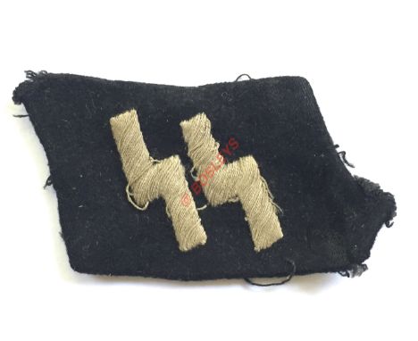 German Third Reich SS Sigrunen collar patch. A good embroidered example removed from uniform. Stiffener removed. Service wear