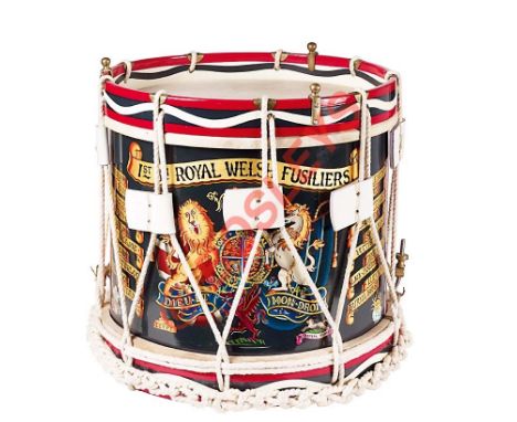 1st Bn. Royal Welch Fusiliers side drum. A fine decorative refurbished rope tension example. Brass body now emblazoned with t