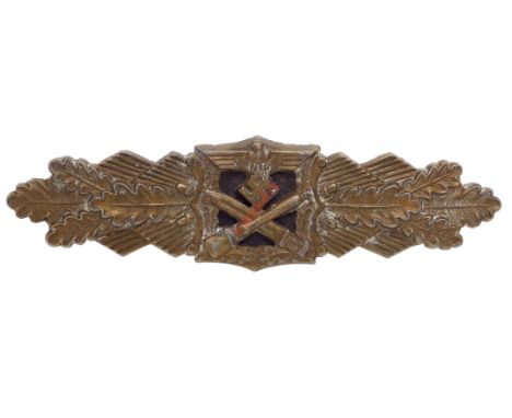 German Third Reich WW2 Army / Waffen SS Close Combat Clasp. A good scarce die-cast example. Eagle and swastika above crossed 