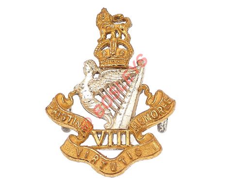 8th King's Royal Irish Hussars Officer's pre 1952 cap badge. A fine scarce die-cast example. Silvered Maid of Erin Harp with 