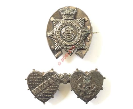 Royal Engineers & Army Service Corps Hollow Silver Regimental Sweetheart Brooches. The first example is a Mizpah design mount