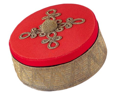 Victorian 15th King's Hussars Officer's Pill Box Cap. A rare example of scarlet melton cloth, with a wide band of gold bullio