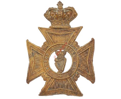 London Irish Rifle Volunteers Victorian OR's helmet plate. A scarce die-stamped brass example  originally blackened . Crowned