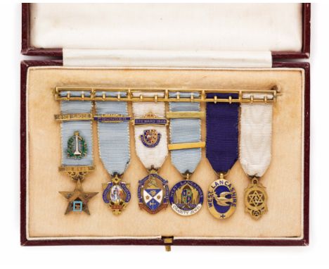 Masonic West Lancashire Set of Six Silver & Enamel Miniature Jewels.  This set Circa 1920's remain mounted as originally worn