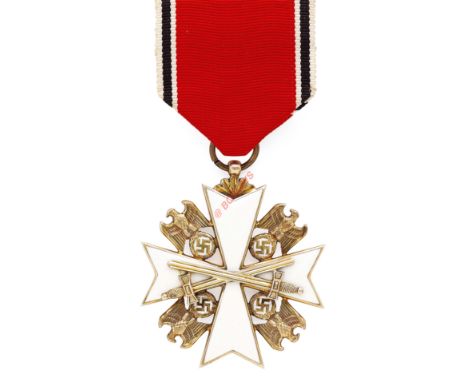 German Third Reich Order of the German Eagle 5th Class with swords breast badge. A good scarce example in silver gilt and ena