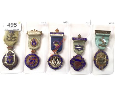 Selection Royal Masonic Institution For Boys Silver Steward's Jewel County Badges. A good selection of five silver and enamel