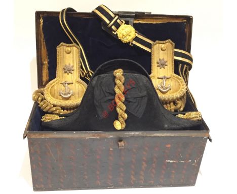 Victorian Royal Navy Lieutenant Commander's cased cocked hat & epaulettes.  A fine black beaver skin example, to the left sid