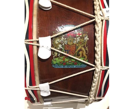 Scottish Royal Arms rope tension base drum. A good clean refurbished example, the wooden painted body emblazoned with Scottis