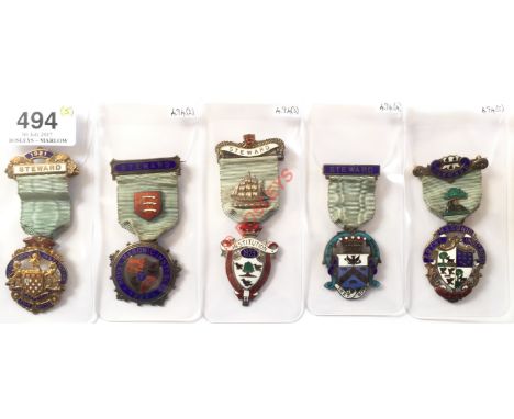 Selection 1921-20 Royal Masonic Institution For Boys Silver Steward's Jewel Badge. A scarce selection of five silver and enam