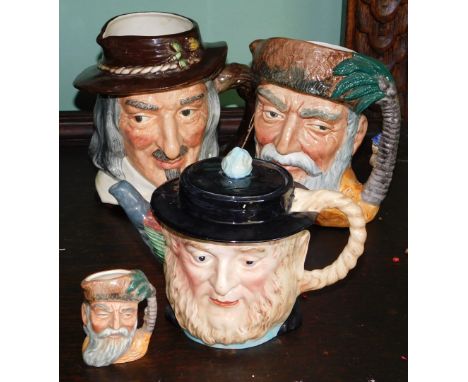 A Beswick Peggotty teapot, and three Royal Doulton character jugs, comprising Izaak Walton and two of Robinson Crusoe. (4) 