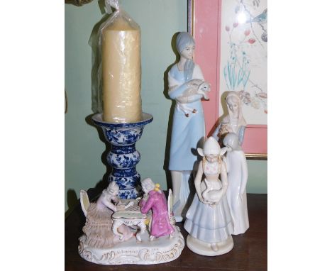 Five Continental porcelain figures, and a blue and white candlestick.