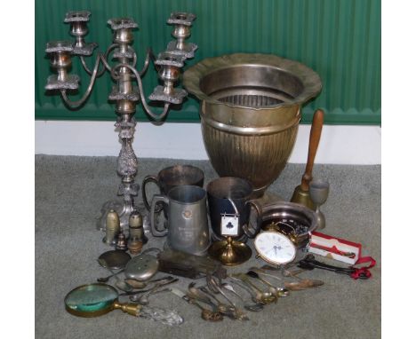 A silver plated candelabrum, 44.5cm high, a large urn shaped vase, wine coaster, hand bell, various silver flatware and a sil