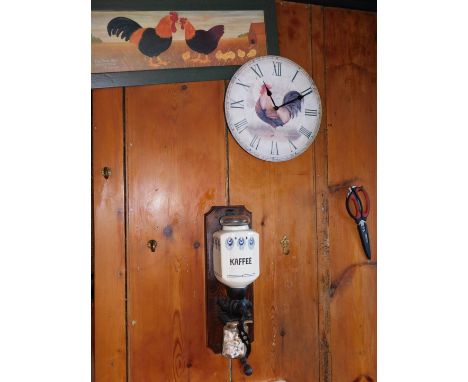A Kaffee wall mounted coffee grinder, clock and decorative wall panel. (3) 