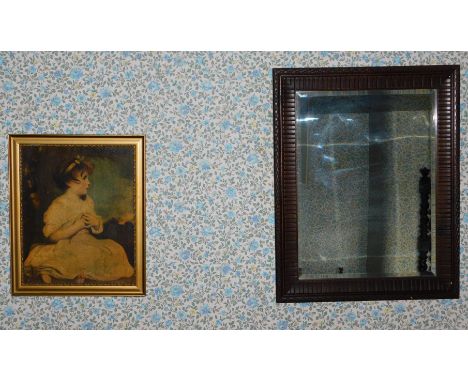 A bevelled rectangle wall mirror, in carved oak frame, 62cm x 49cm overall, a portrait print and a framed embroidery tapestry