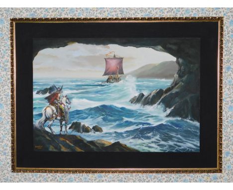 D Weston.  Seascape with Viking longboat and warrior on horseback, oil on panel, signed and dated 1982, 51cm x 75cm.