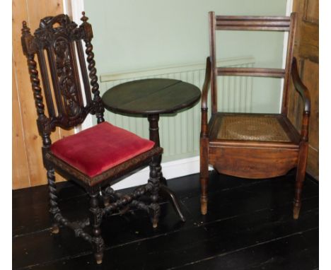 A Victorian barley twist dining chair, Georgian oak tripod table, and Victorian beech commode chair. (3)