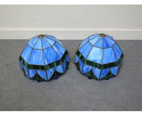 A pair of Tiffany style blue and green stained glass lamp shades 