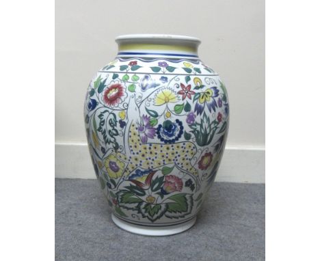 A circa 1930's Poole Pottery Truda Adams Persian deer vase of large form marked SK, N. Blackmore, 33.5cm tall