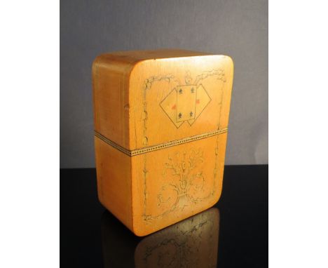 A late 19th Century card box inlaid with foliate and playing card design, complete with cards 