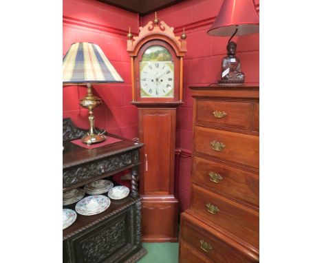 An A K Merrison of Norwich mahogany longcase clock with an eight day movement with striking bell, painted dial of country hou