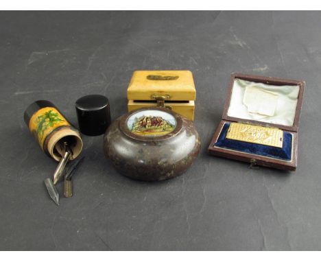 A Mauchline ware trinket box, nib case, serpentine stone paperweight etc (4) 