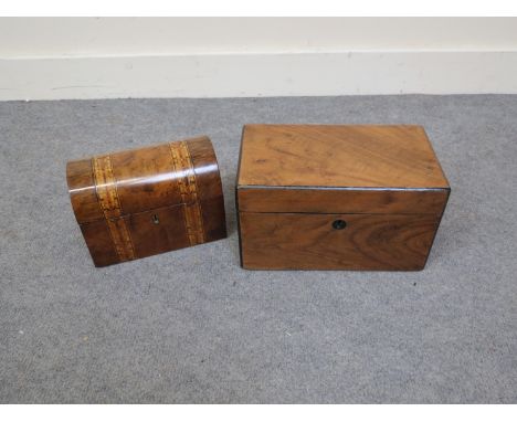 A Victorian walnut and inlaid dome top tea caddy together with a 19th Century rectangular example (2) 