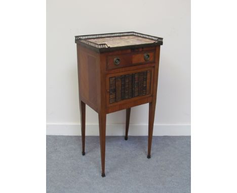 An 18th Century style French Kingwood night stand, the three quarter raised brass gallery and marble top over a single drawer