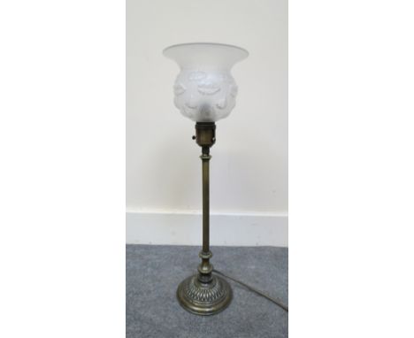 A Victorian brass table lamp with Art Nouveau glass shade, 44cm tall