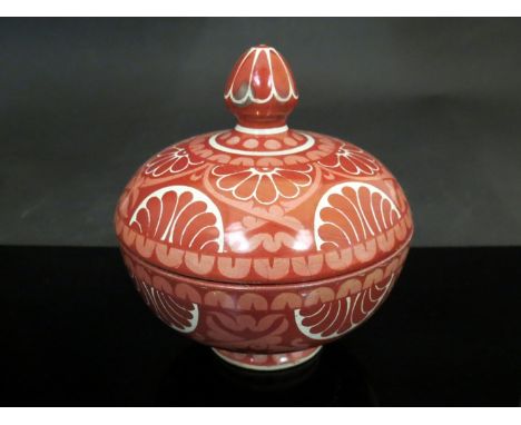 A William De Morgan ruby lustre bowl and lid designed by Joe Juster circa 1890 decorated with red floral designs, signed to b