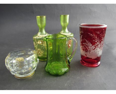 A selection of glass wear including 19th Century etched ruby glass vase and a pair of green tinted vases etc (5)