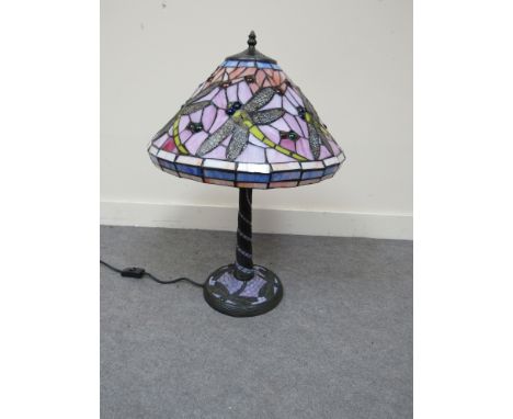 A Tiffany style pink coloured table lamp with dragonfly design, a/f, 57cm tall