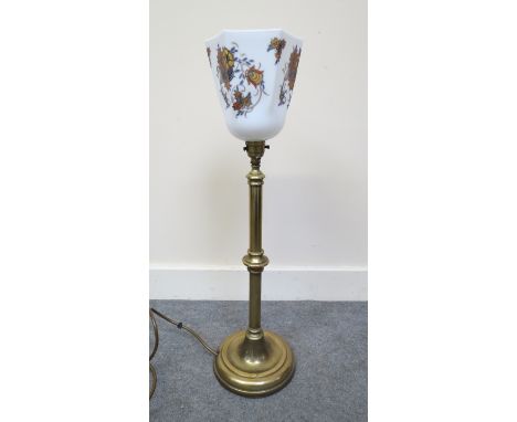 A Victorian brass candlestick table lamp with floral patterned opaque glass shade, 59cm tall 