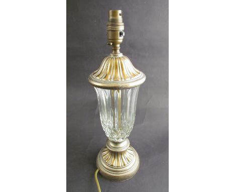 A glass and brushed metal table lamp on square base with cream shade, 72cm tall