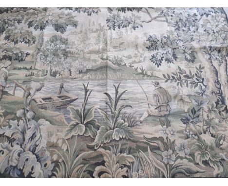 A large 20th Century tapestry hanging depicting fisherman and figures by a lake 