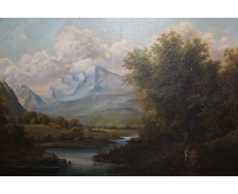 Large 19th Century oil on canvas, river landscape with building and distant mountains and figure on a track to the foreground
