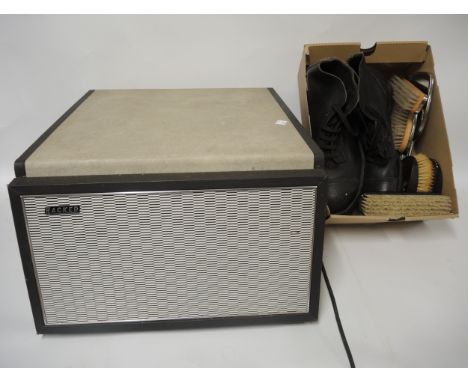 Hancker 1970s gramophone and a pair of early ice skates, together with a three piece metal backed dressing table set and thre